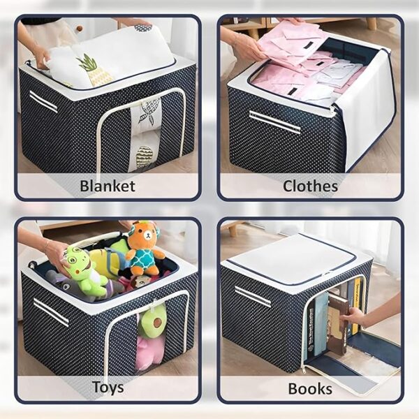2 Pcs 66 Liters Foldable Steel Frame Cloth Organizer for Storage/Wardrobe Organizer for Storage/almirah organiser for Sarees/Shirts/Blankets/Clothes Storage Box with Handle - (Blue)