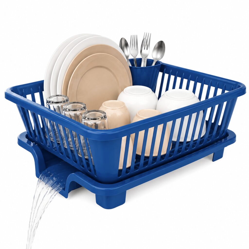 Plastic Dish Drainer with Detachable Cutlery Holder & Drain Tray | Kitchen Dish Drying Rack for Plates, Bowls, Cups & Utensils | Countertop Sink Organizer | 45 x 18 x 32 cm
