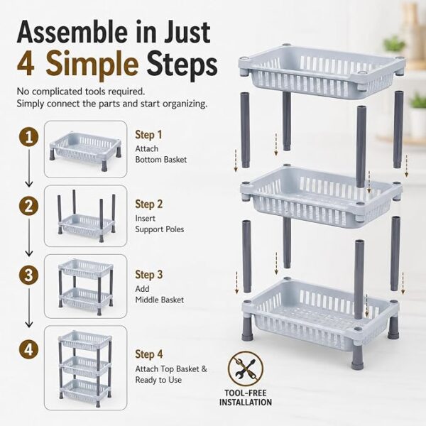 3 Layer Vegetable Storage Rack | Multipurpose Kitchen Storage Organizer with 3-Tier Baskets for Fruits, Vegetables & Grocery Items