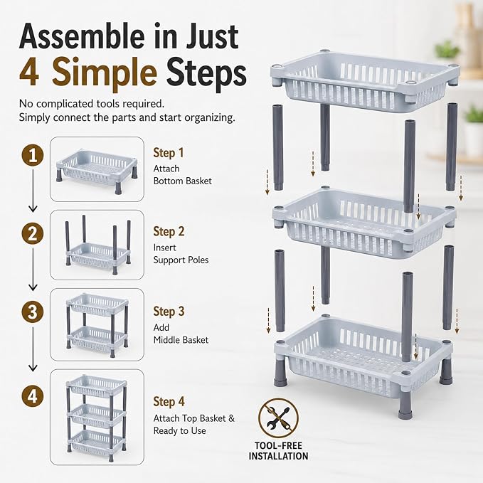 3 Layer Vegetable Storage Rack | Multipurpose Kitchen Storage Organizer with 3-Tier Baskets for Fruits, Vegetables & Grocery Items